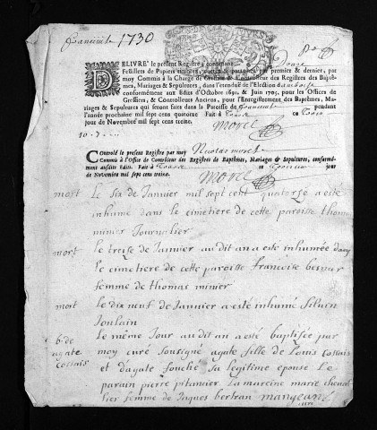 Collection du greffe. Baptêmes, mariages, sépultures, 1714-janvier 1715