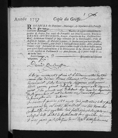 Collection du greffe. Baptêmes, mariages, sépultures, 1757