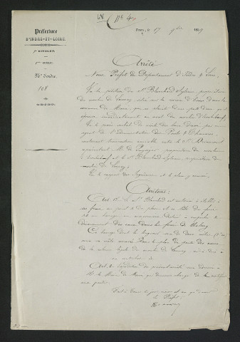 Autorisation pour le Sieur Blanchard d'établir un barrage en maçonnerie (17 novembre 1859)