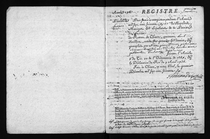 Collection du greffe. Baptêmes, mariages, sépultures, 1767