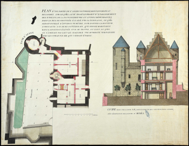 "Plan d'une partie de l'ancien gouvernement du château de Loches sur lequel a été tracé le projet d'établissement des bureaux de la sous-préfecture et autres dépendances".