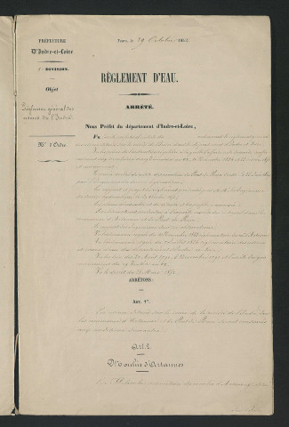Arrêté portant règlement hydraulique des usines de l'Indre situées dans les communes d'Artannes et de Pont-de-Ruan (29 octobre 1852)
