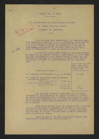 Délimitation du remous du moulin Neuf (26 mars 1938)