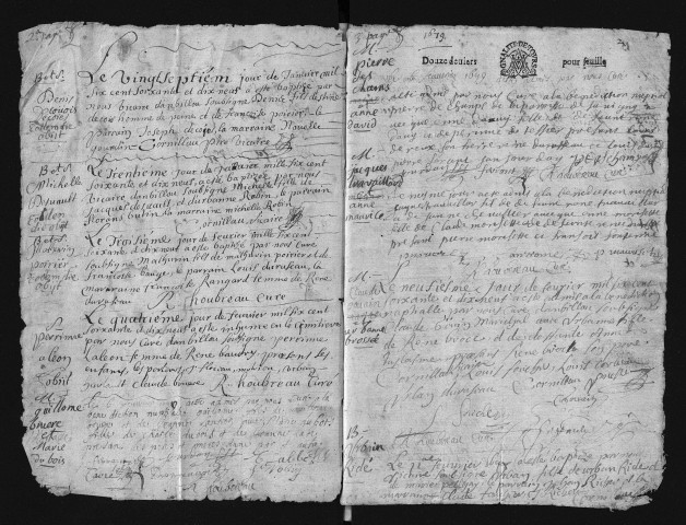 Collection communale. Baptêmes, mariages, sépultures, 1679-1689, 1691. Contient une table alphabétique des baptêmes