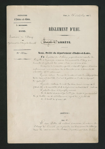 Arrêté portant règlement hydraulique pour l'étang de Cornillé (26 octobre 1863)
