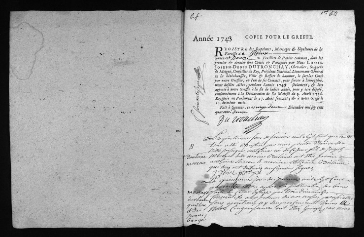 Collection du greffe. Baptêmes, mariages, sépultures, 1743-1744