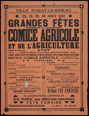 Comices agricoles, organisation : programmes, affiches, correspondance