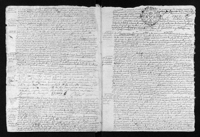 Collection du greffe. Baptêmes, mariages, sépultures, 1734