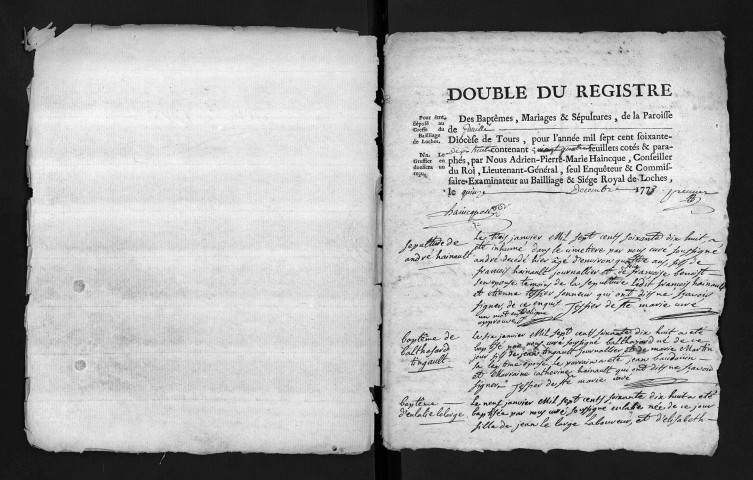 Collection du greffe. Baptêmes, mariages, sépultures, 1778