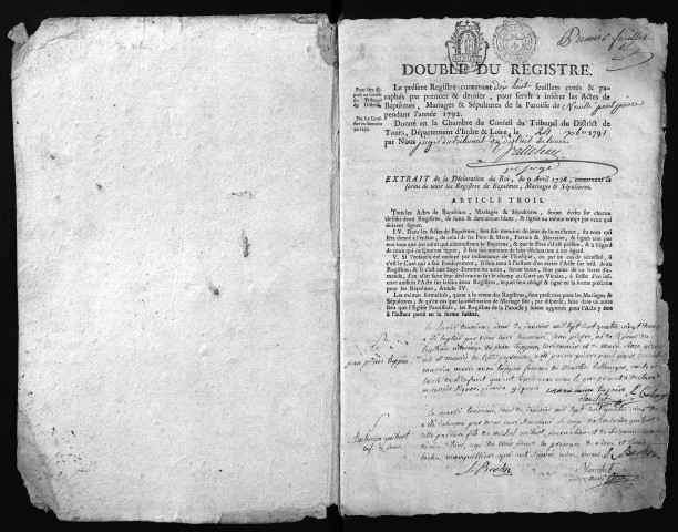 Collection du greffe. Baptêmes, mariages, sépultures, 1792