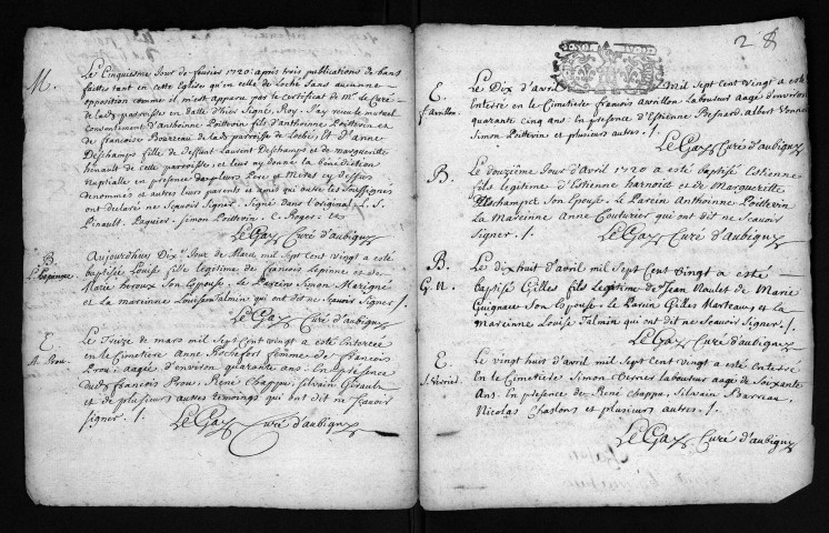 Collection du greffe. Baptêmes, mariages, sépultures, 1720-1721