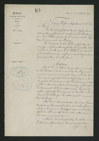 Arrêté préfectoral de mise en demeure d'exécution de travaux (2 octobre 1867)