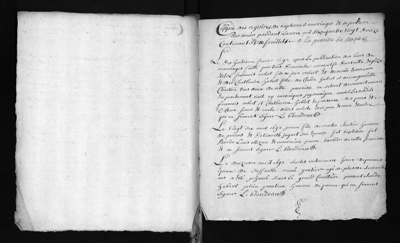 Collection du greffe. Baptêmes, mariages, sépultures, 1692 - L'année 1691 a été numérisée à partir de la collection communale
