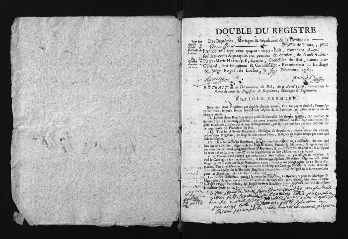 Collection du greffe. Baptêmes, mariages, sépultures, 1788