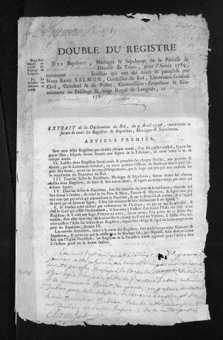 Collection du greffe. Baptêmes, mariages, sépultures, 1789