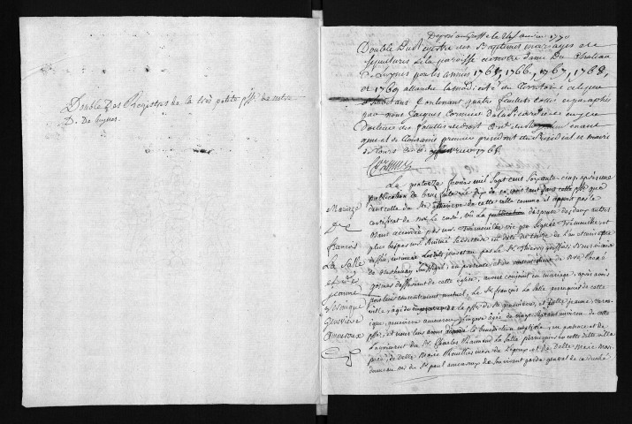 Collection du greffe. Baptêmes, mariages, sépultures, 1764-1769