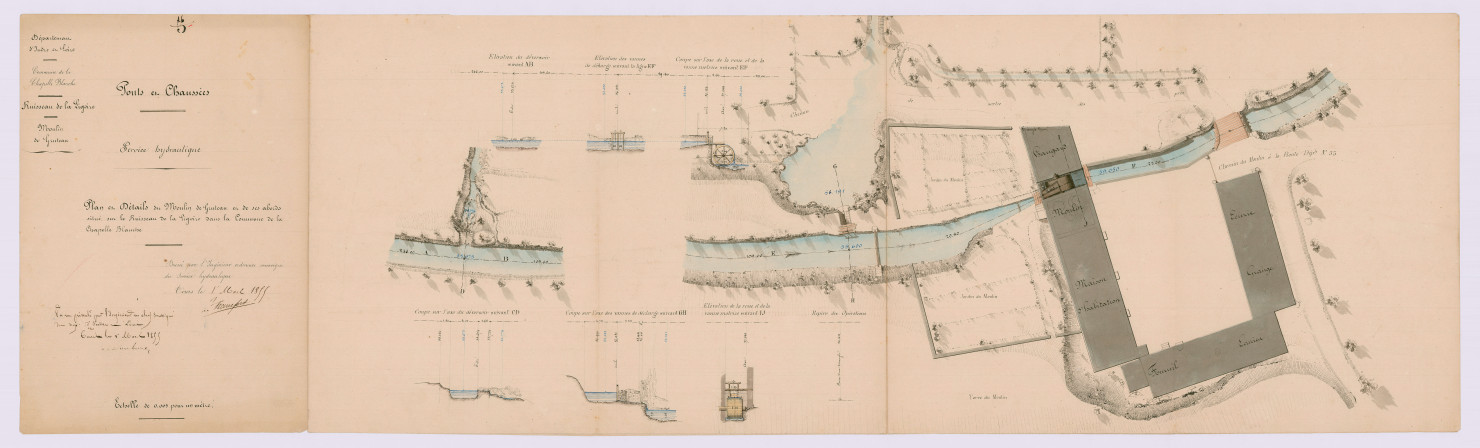 Plan et détails du moulin de Gruteau et de ses abords (1er mars 1855)