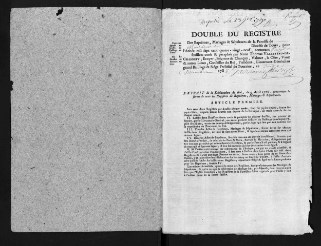 Collection du greffe. Baptêmes, mariages, sépultures, 1789