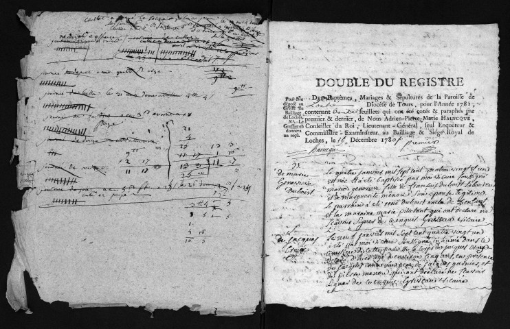 Collection du greffe. Baptêmes, mariages, sépultures, 1781