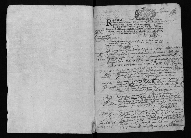 Collection communale. Baptêmes, mariages, sépultures, 1716