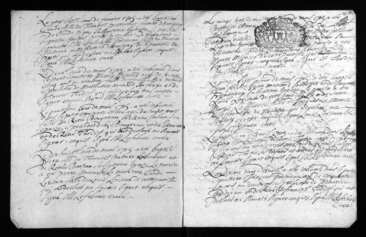 Collection du greffe. Baptêmes, mariages, sépultures, 1705