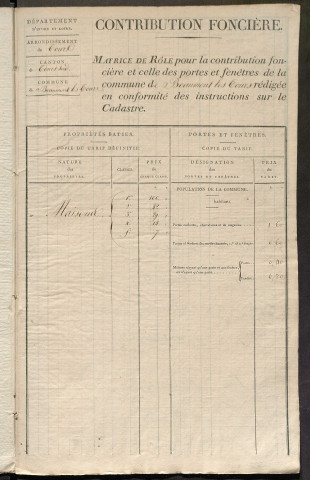 Matrice de rôle pour la contribution foncière et celle des portes et fenêtres (1818-1821).