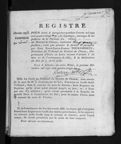 Collection du greffe. Baptêmes, mariages, sépultures, 1792