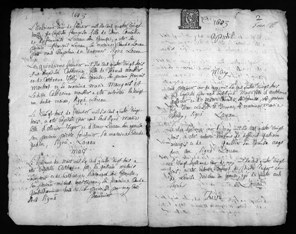 Baptêmes, mariages, sépultures, 1683 - L'année 1682 est lacunaire dans les deux collections