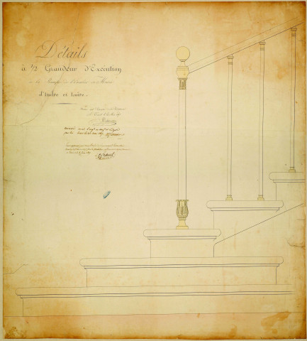 Salle du musée : détail à moitié de grandeur d'exécution de la rampe d'escalier du musée. Delavanne, expert départemental, Cormier, ingénieur en chef.