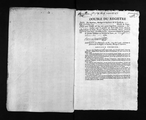 Collection du greffe. Baptêmes, mariages, sépultures, 1782