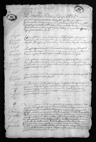 Collection du greffe. Baptêmes, mariages, sépultures, 1745-1746