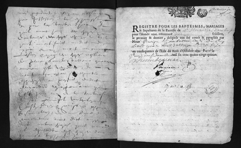 Collection du greffe. Baptêmes, mariages, sépultures, 1696 - L'année 1697 est lacunaire dans cette collection