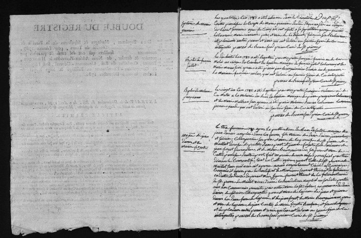 Collection du greffe. Baptêmes, mariages, sépultures, 1787