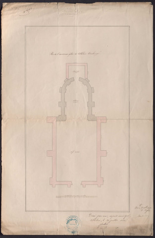 Plan d'un terrain à acquérir pour l'établissement d'une nouvelle église (1868), six plans projet de construction (1868), deux plans au sol, deux coupes longitudinales, façade d'entrée et coupe transversale, façade latérale, plan de l'ancienne église (1873), quatre plans de l'état actuel (1891), deux plans de la façade latérale, deux plans de la façade latérale, plan de construction d'un clocher (1891), façade principale, latérale et coupe d'un clocher (1891), plan de détails du clocher [1891], détail de la croix en zinc [1891], plan de la charpente beffroi (1901), plan de l'ancienne chapelle (1907).