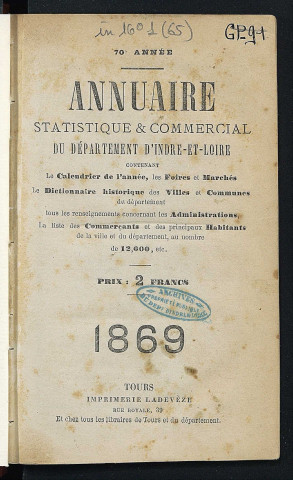 Annuaire statistique et commercial du département de l'Indre-et-Loire - 1869.
