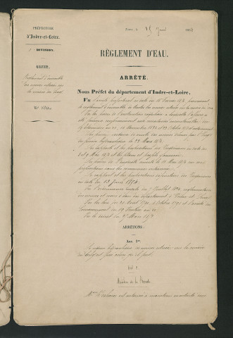Arrêté portant règlement hydraulique des usines de l'Indre situées sur la rivière du Long (15 juin 1854)
