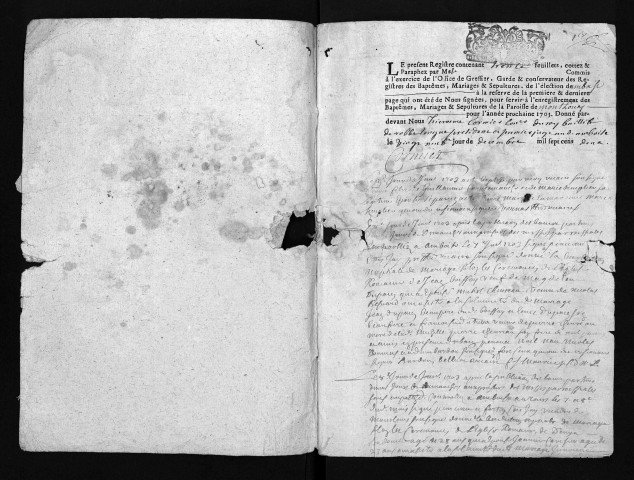 Collection du greffe. Baptêmes, mariages, sépultures, 1703 - Les années 1701-1702 sont lacunaires dans cette collection