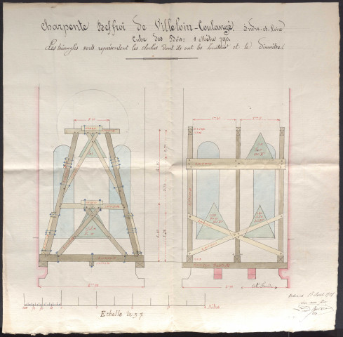Plan d'un terrain à acquérir pour l'établissement d'une nouvelle église (1868), six plans projet de construction (1868), deux plans au sol, deux coupes longitudinales, façade d'entrée et coupe transversale, façade latérale, plan de l'ancienne église (1873), quatre plans de l'état actuel (1891), deux plans de la façade latérale, deux plans de la façade latérale, plan de construction d'un clocher (1891), façade principale, latérale et coupe d'un clocher (1891), plan de détails du clocher [1891], détail de la croix en zinc [1891], plan de la charpente beffroi (1901), plan de l'ancienne chapelle (1907).