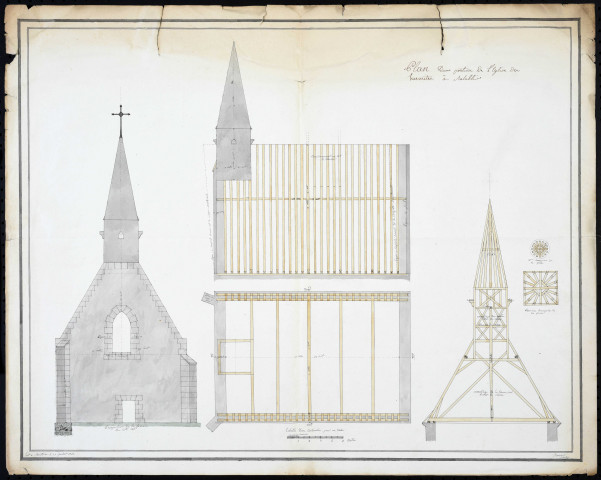 Église : 1 plan de projet de reconstruction de la charpente (1822) ; 1 plan d'une portion de l'église à rétablir (1822).