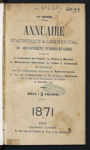 Annuaire statistique et commercial du département de l'Indre-et-Loire - 1871.