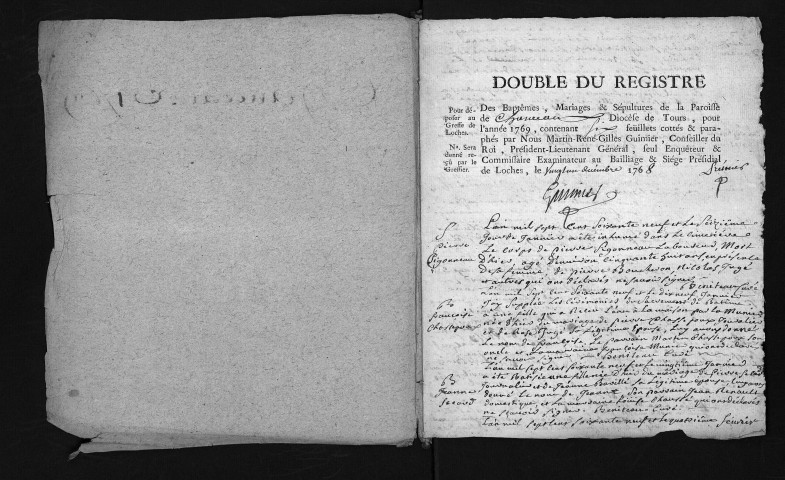 Collection du greffe. Baptêmes, mariages, sépultures, 1769