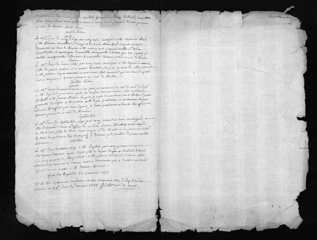 Collection du greffe. Baptêmes, mariages, sépultures, 1691