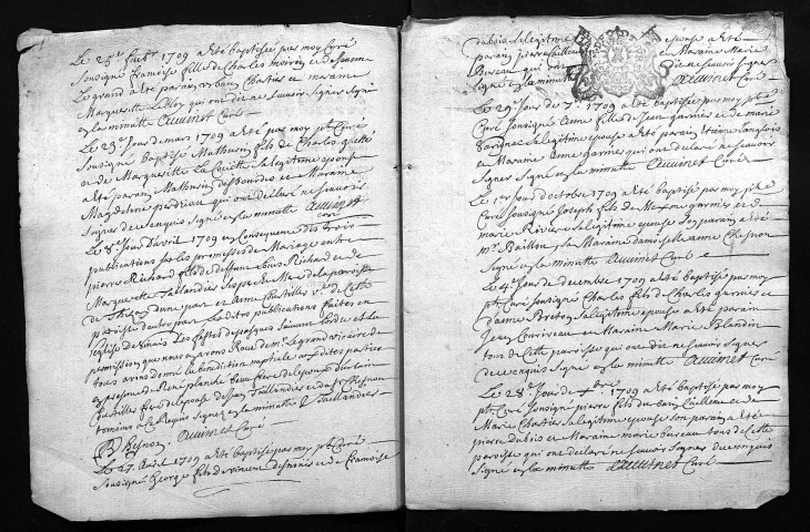 Collection du greffe. Baptêmes, mariages, sépultures, 1709