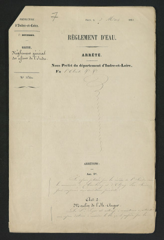 Arrêté portant règlement hydraulique des usines de l'Indre situées dans les communes de Chambourg et d'Azay (3 mars 1853)