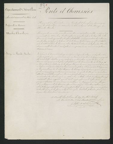 Documents relatifs au règlement d'eau des moulins de Haute Roche et de Chantepie (juillet 1846)