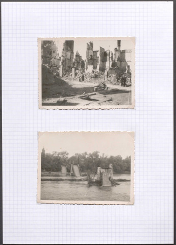 Tours (Indre-et-Loire). Pont de fil, rue Nationale en ruines, où les bâtiments commencent à être arasés.