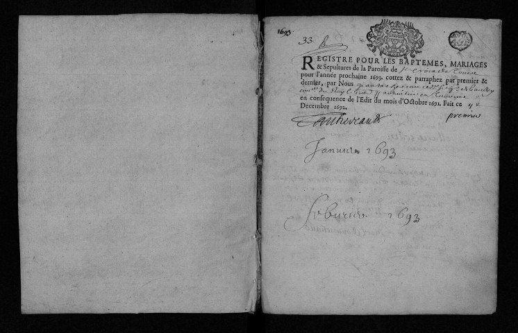 Collection communale. Baptêmes, mariages, sépultures, 9 février 1693-22 décembre 1710