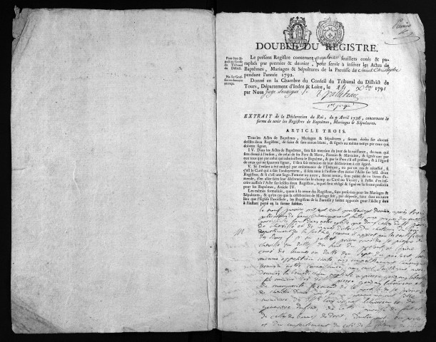 Collection du greffe. Baptêmes, mariages, sépultures, 1792