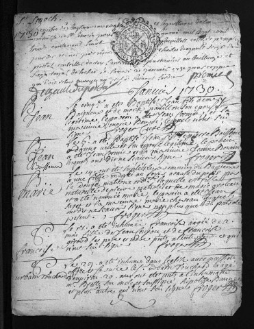 Baptêmes, mariages, sépultures, 1730