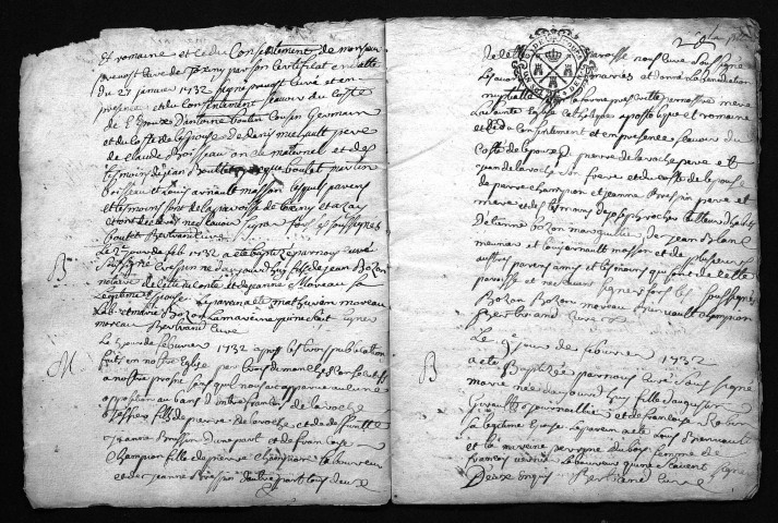 Collection du greffe. Baptêmes, mariages, sépultures, 1732